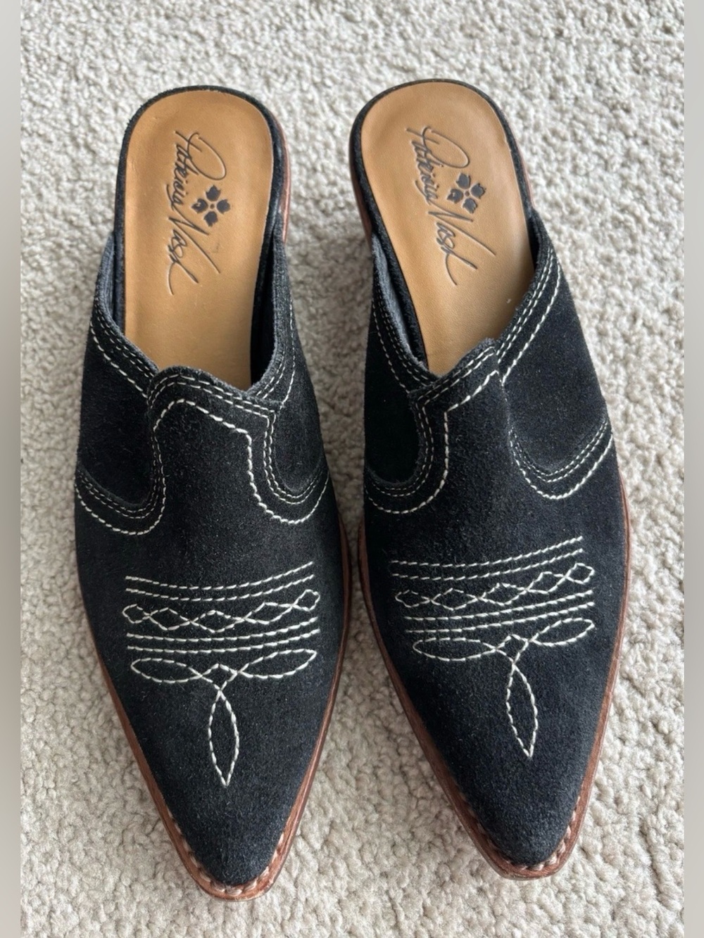 Patricia Nash Black Suede Pointed Slip-On Mules with White Stitching